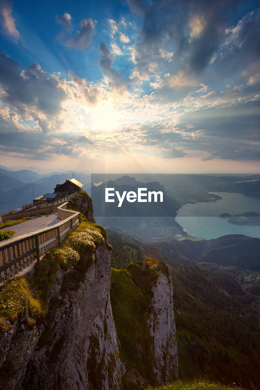 Scenic view of mountains against sky during sunset