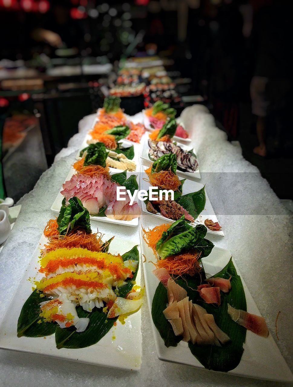 High angle view of japanese food served in plate at restaurant