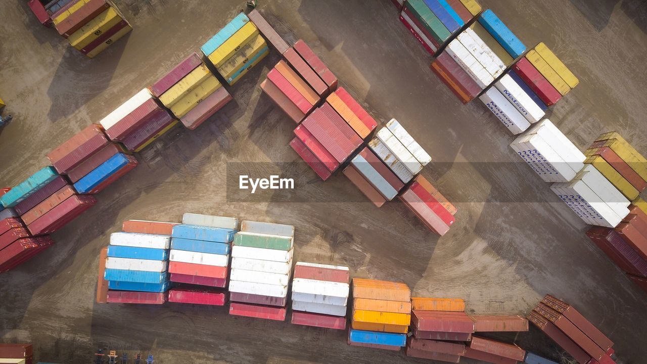 High angle view of cargo containers at harbor