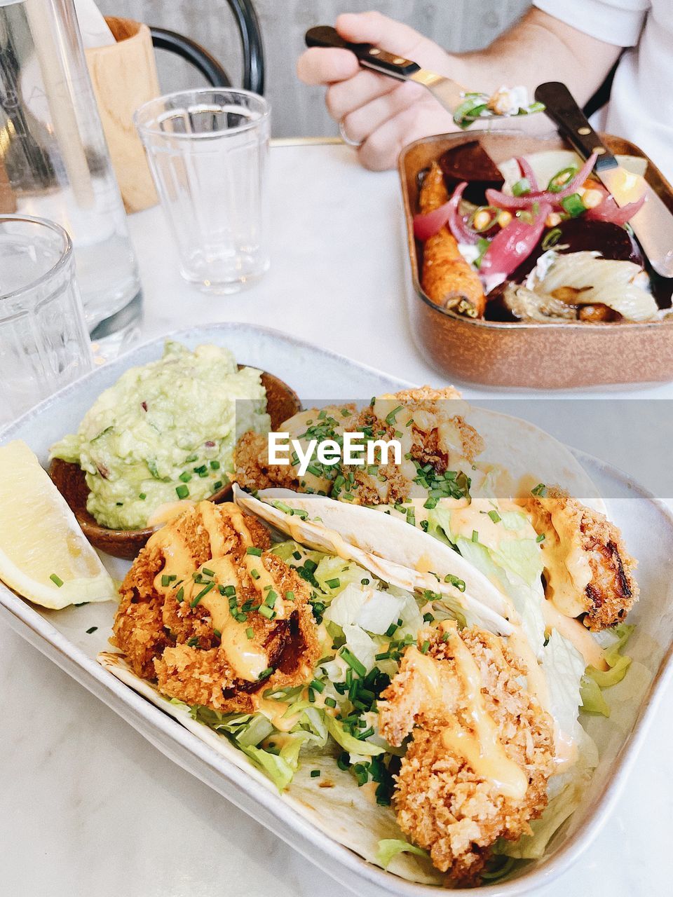 High angle view of food served on table