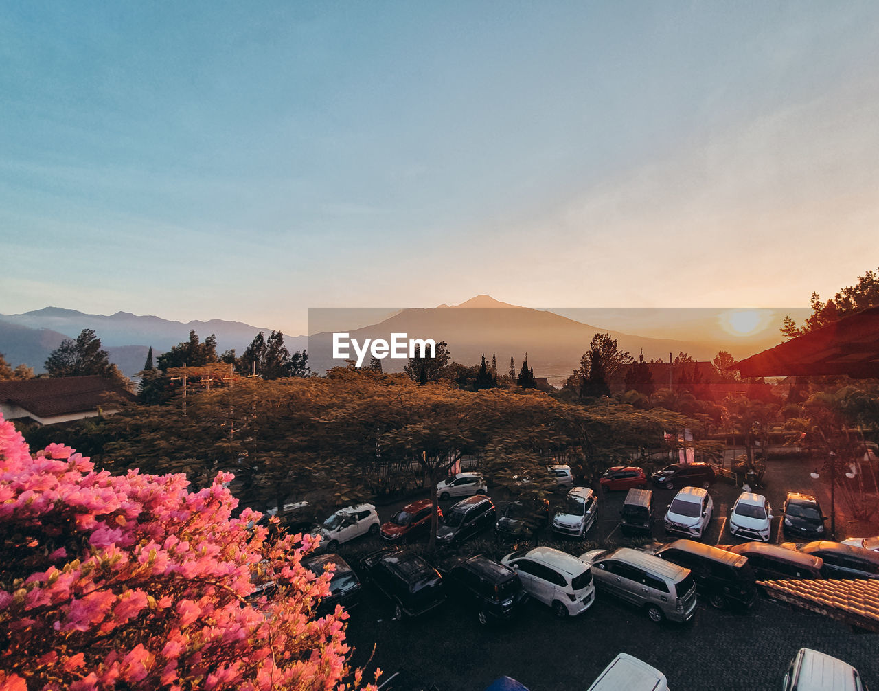 Scenic view of mountains against sky during sunset