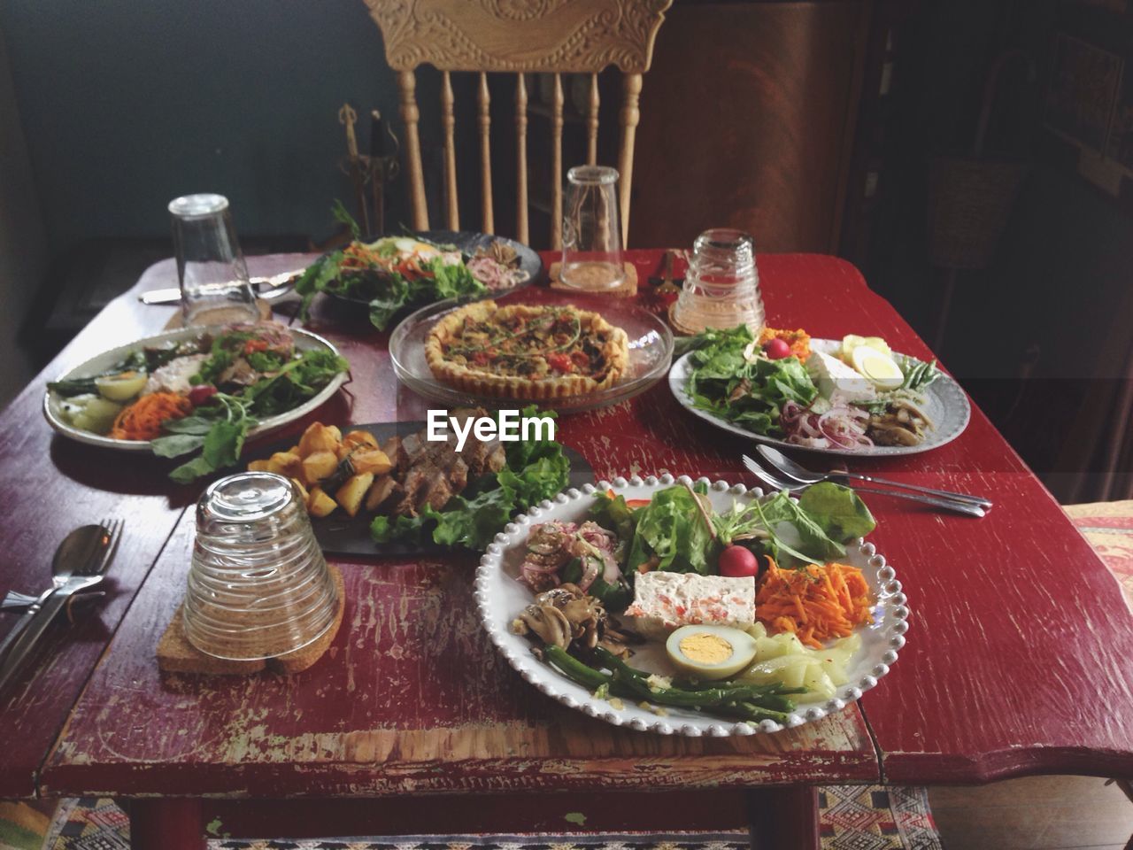 High angle view of food served on table