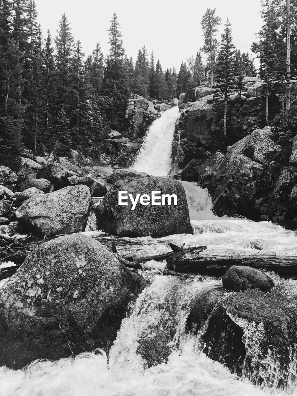 WATERFALL AMIDST ROCKS IN FOREST AGAINST SKY