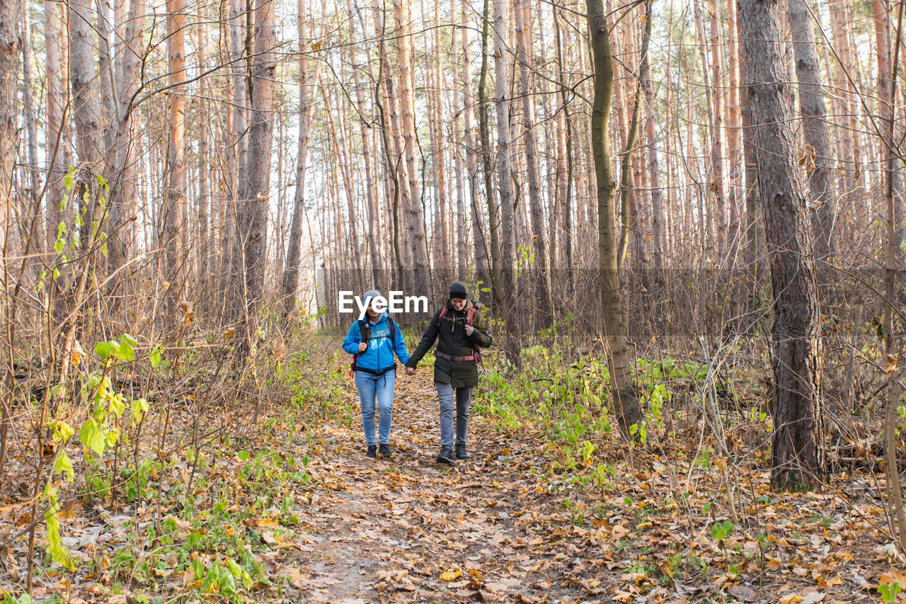 REAR VIEW OF FRIENDS STANDING ON LAND IN FOREST