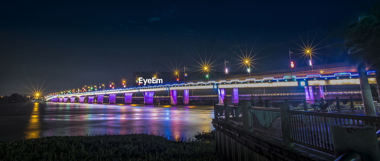 Illuminated bridge over river at night