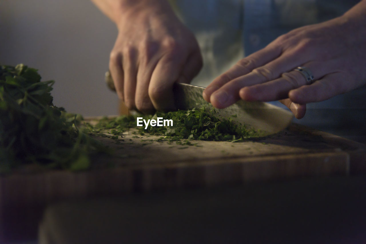 Midsection of person preparing food on cutting board