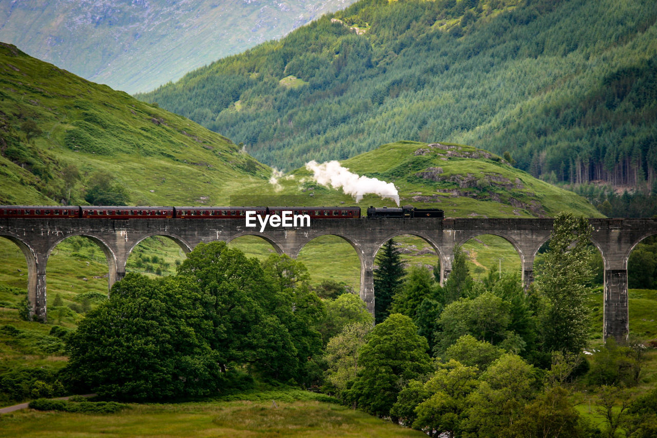 Train crossing viaduct by mountains