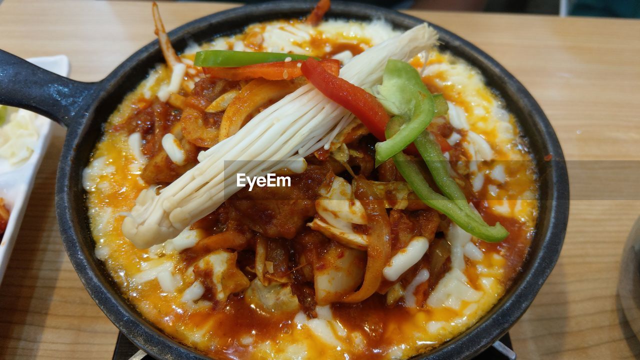 High angle view of meal served on table