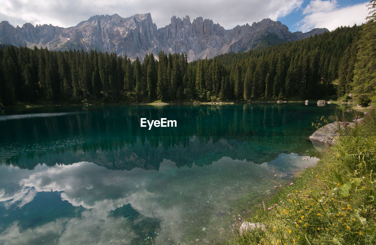 Scenic view of lake and mountains against sky