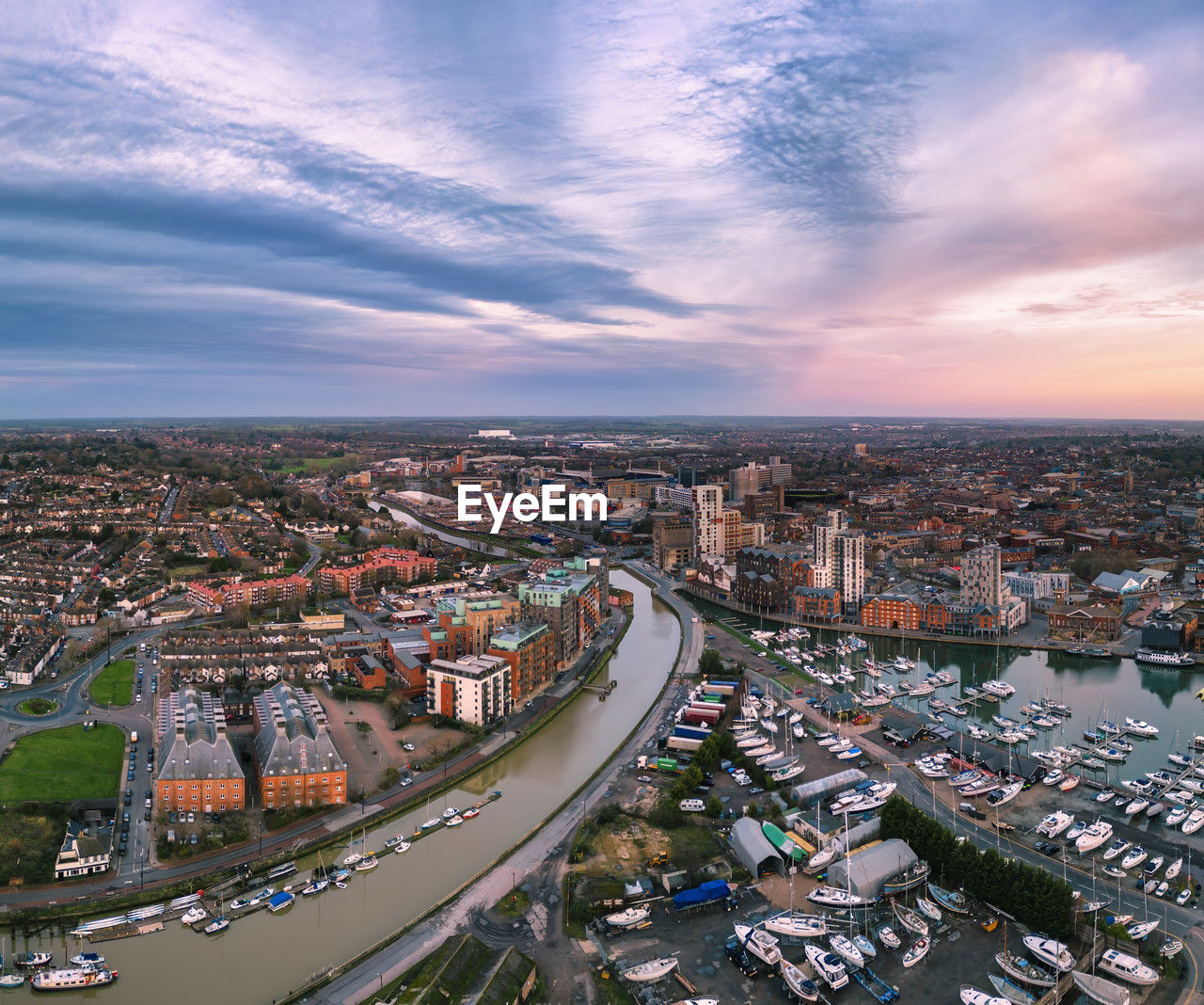 An aerial photo of the wet dock in ipswich, suffolk, uk at sunrise