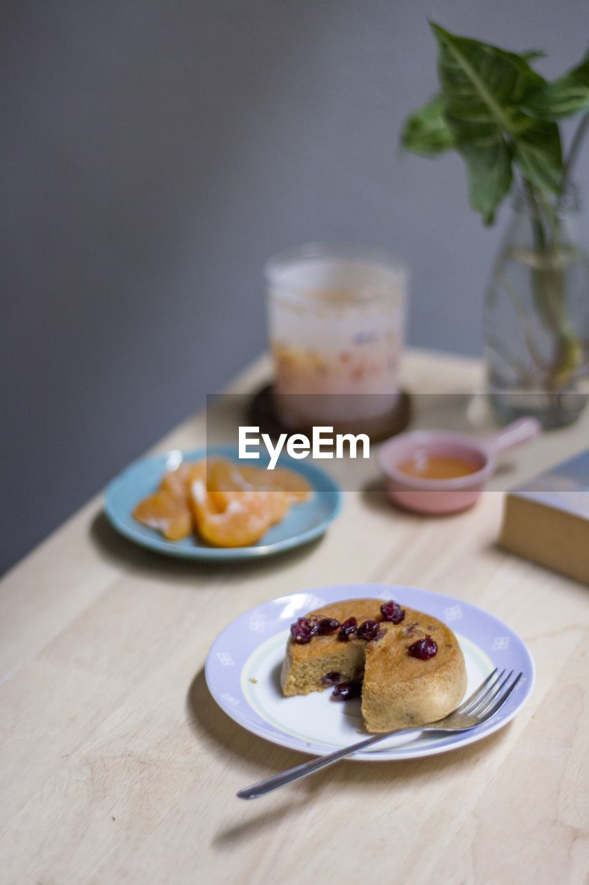 High angle view of home made fruit cake on table