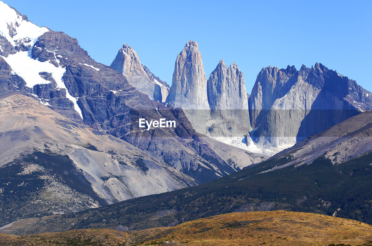 Scenic view of snowcapped mountains against clear sky