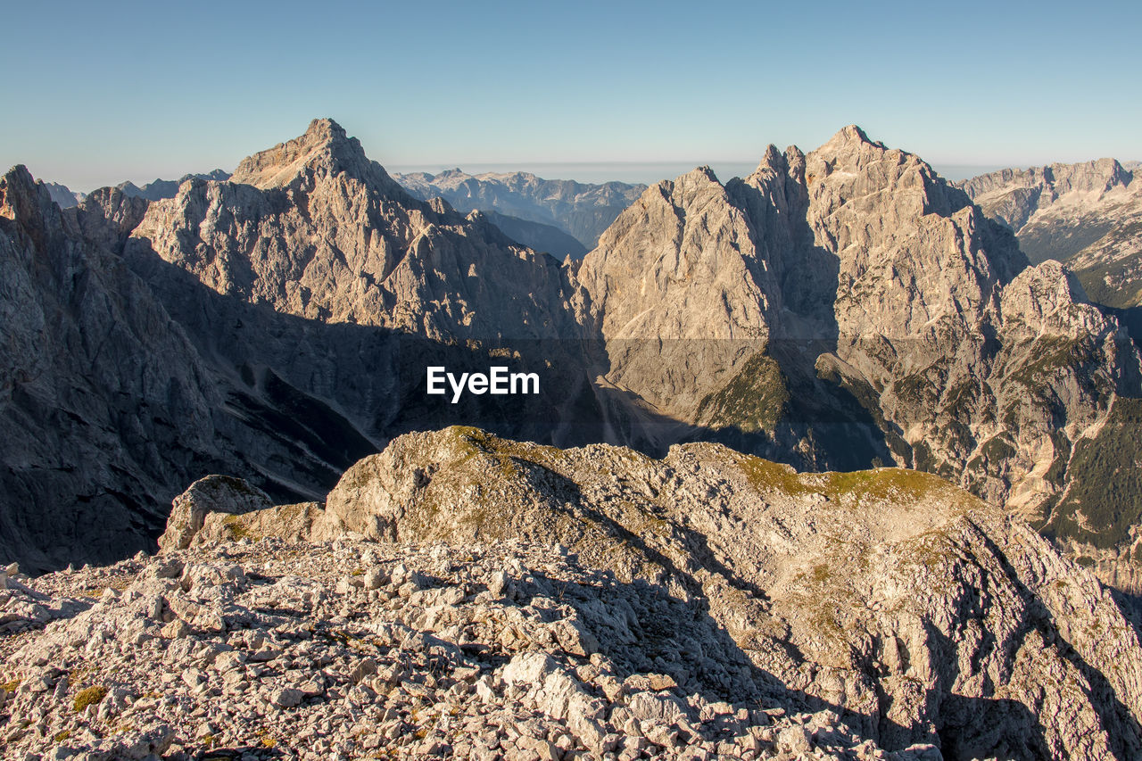 Panoramic view of rocky mountains against clear sky