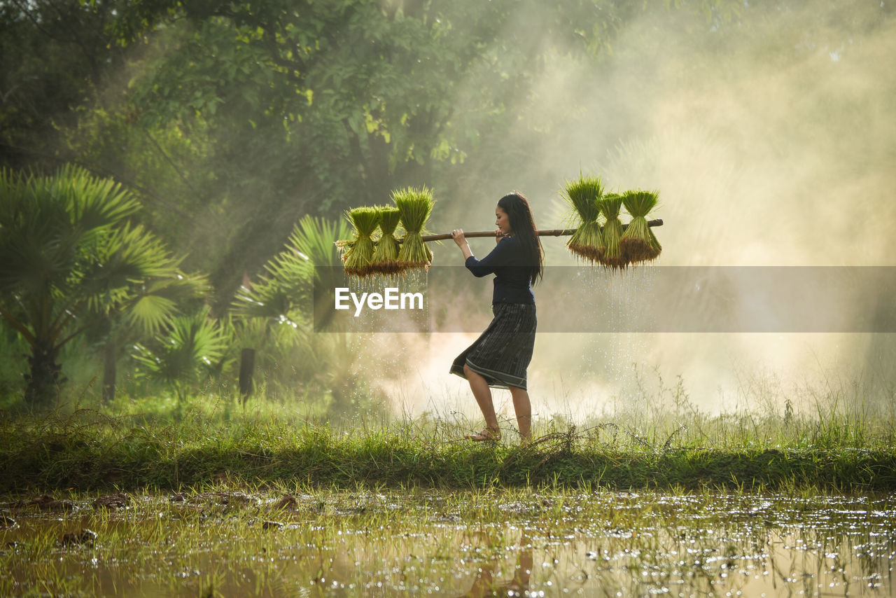 Full length of woman standing on field against trees