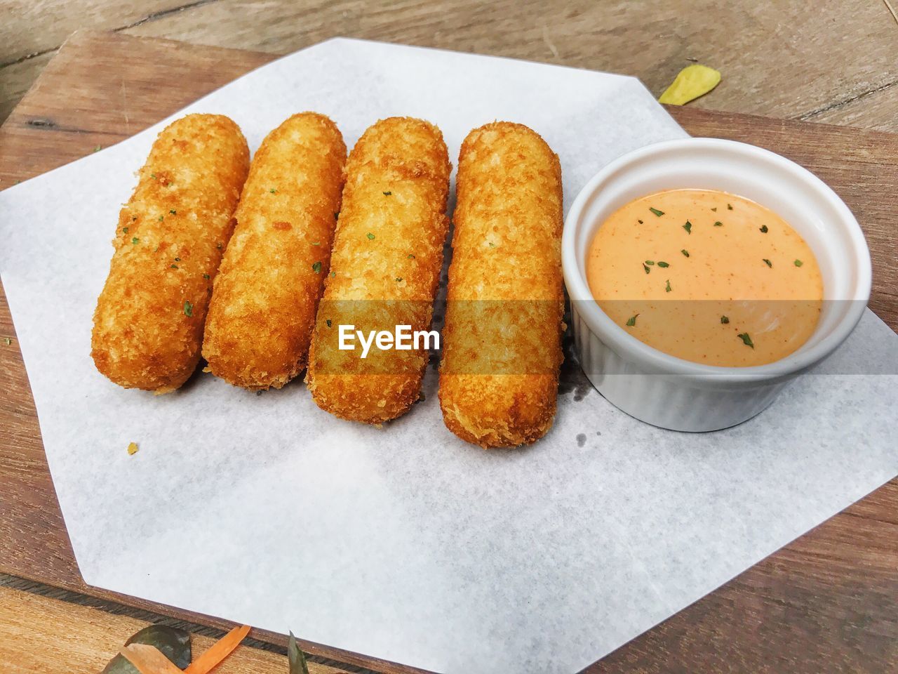 High angle view of snacks on table