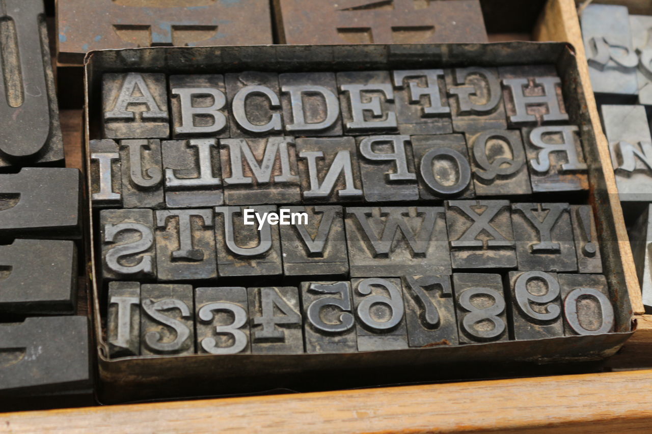 Close-up of letterpress in box