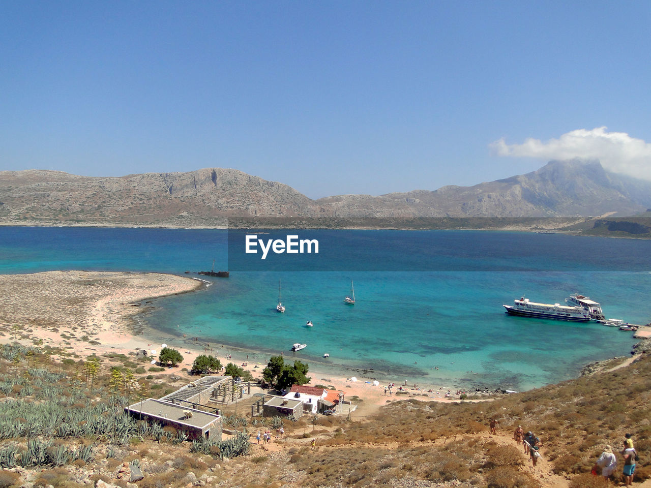 HIGH ANGLE VIEW OF BEACH AGAINST BLUE SKY