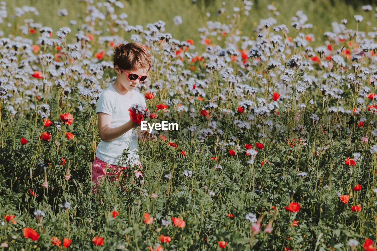 Boy standing by blooming flowers