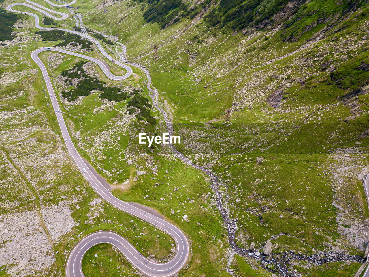 Winding road aerial view by drone. sibii, romania. a great place to drive and stop during a trip.