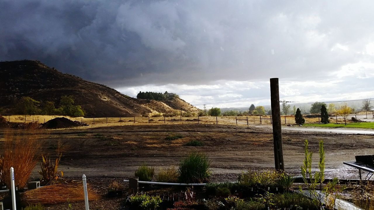 Scenic view of field against cloudy sky