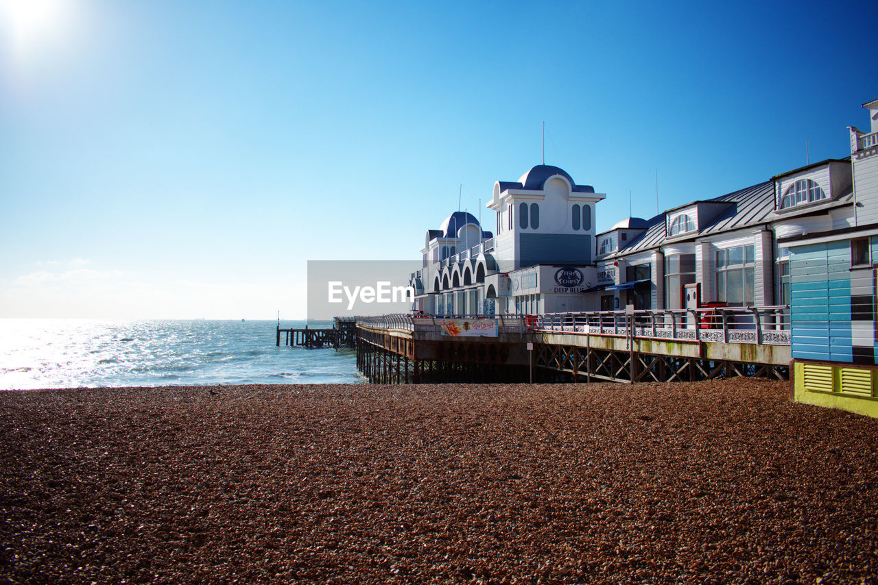 LIFEGUARD HUT ON BEACH AGAINST CLEAR BLUE SKY