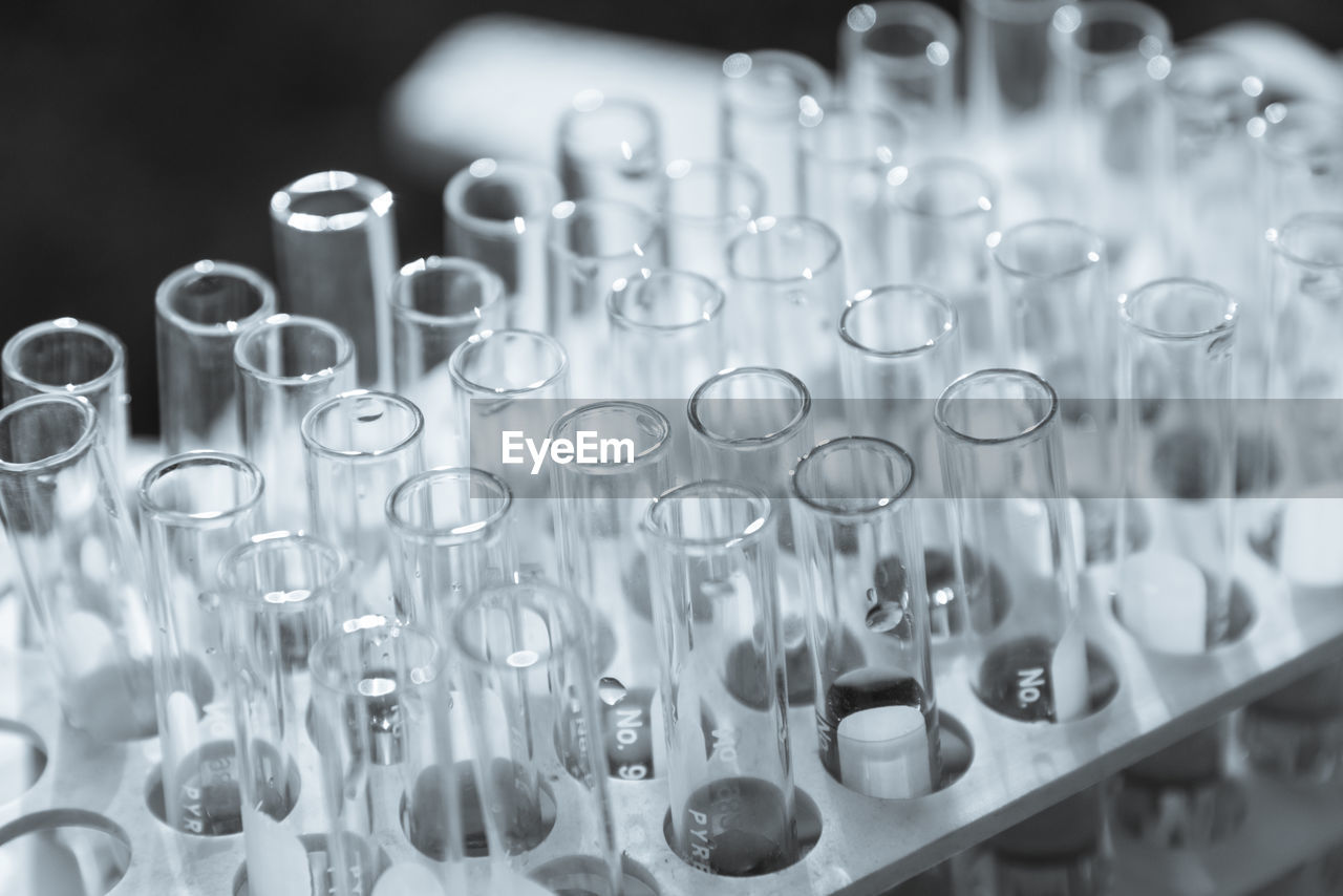 Close-up of test tubes on rack at laboratory