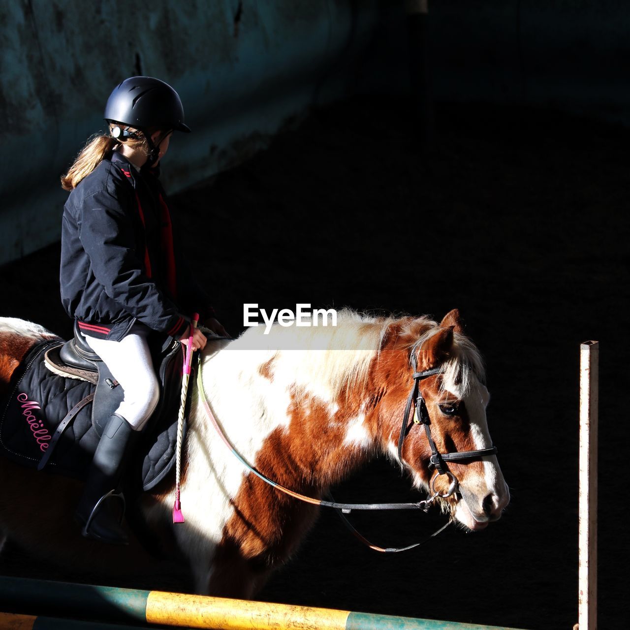 Rear view of girl riding horse