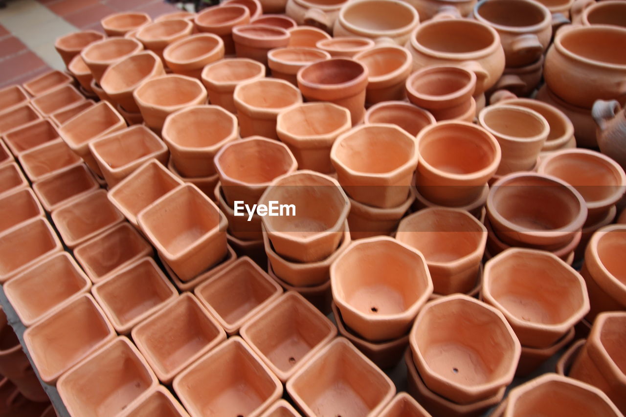 High angle view of pots on table