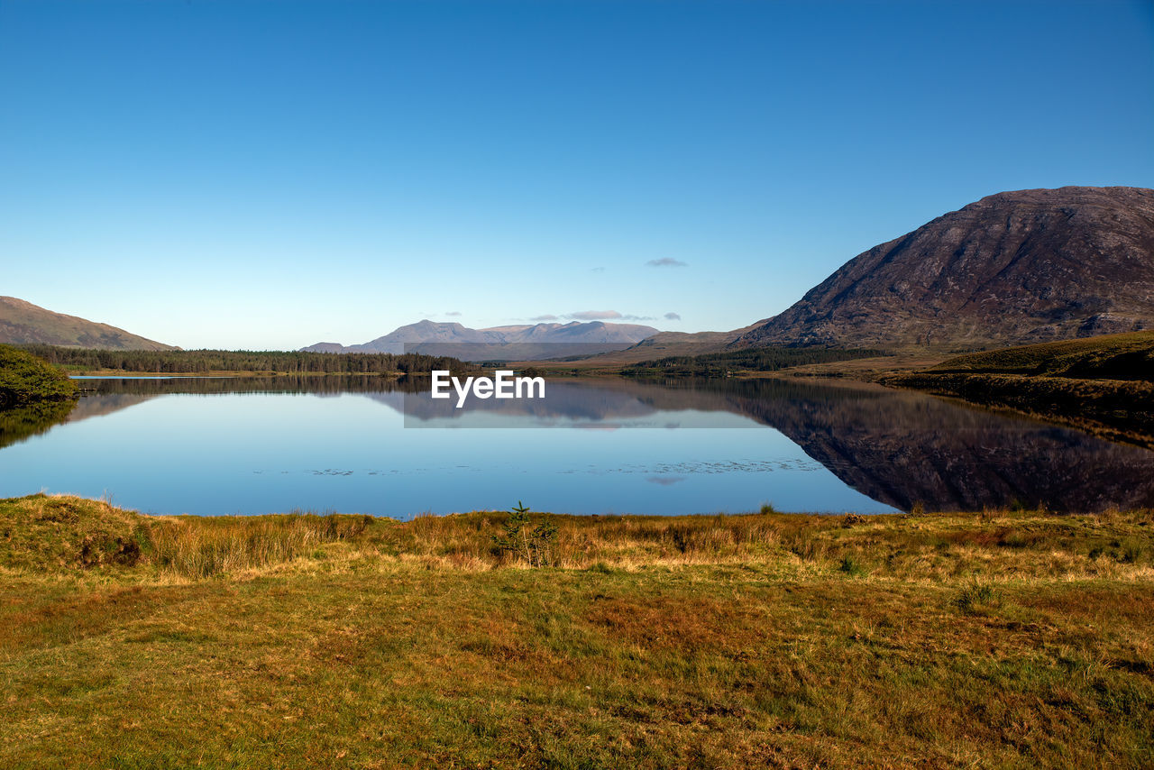 Scenic view of lake against clear blue sky