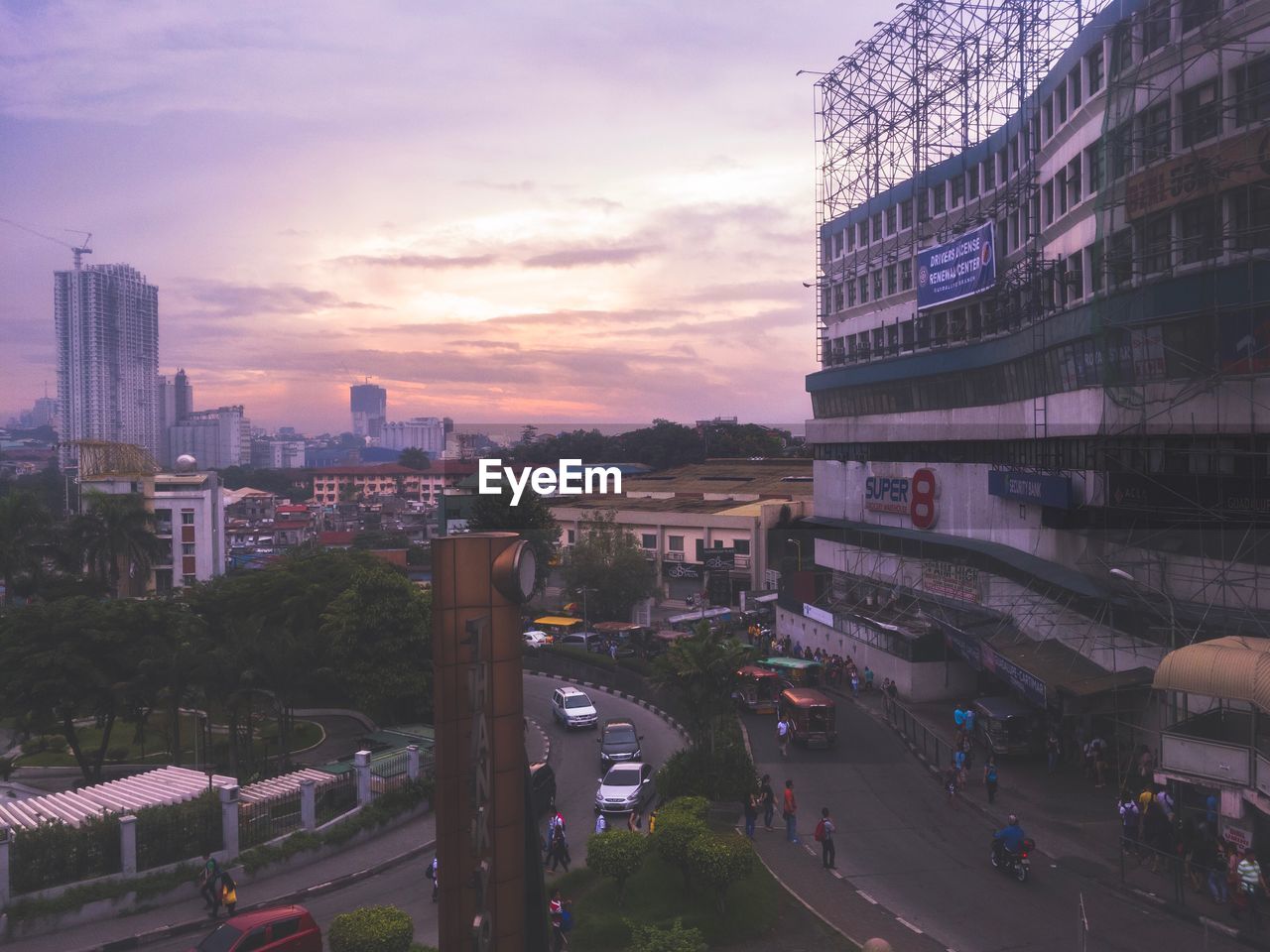 High angle view of cityscape against sky during sunset