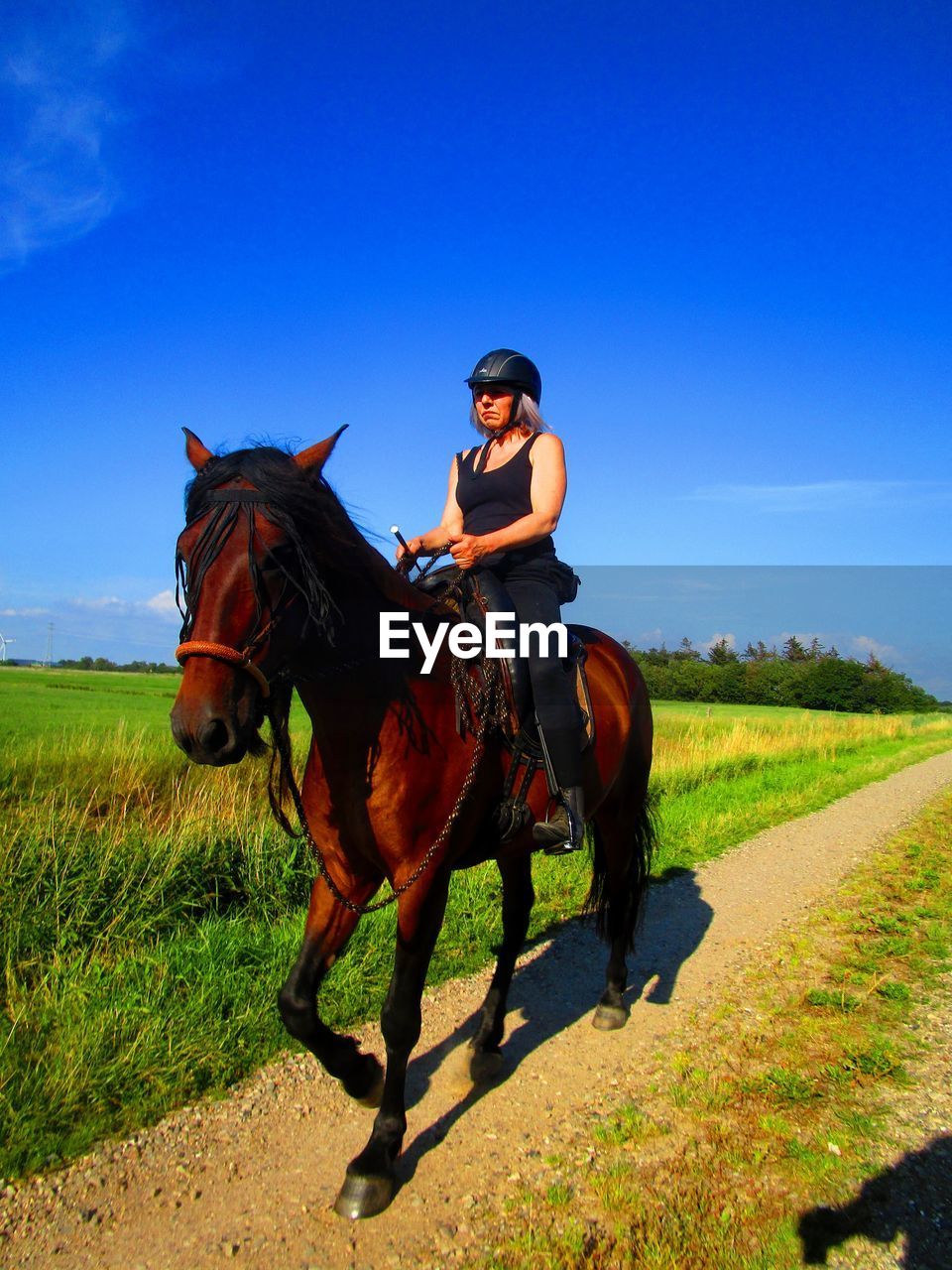 Woman riding horse against sky