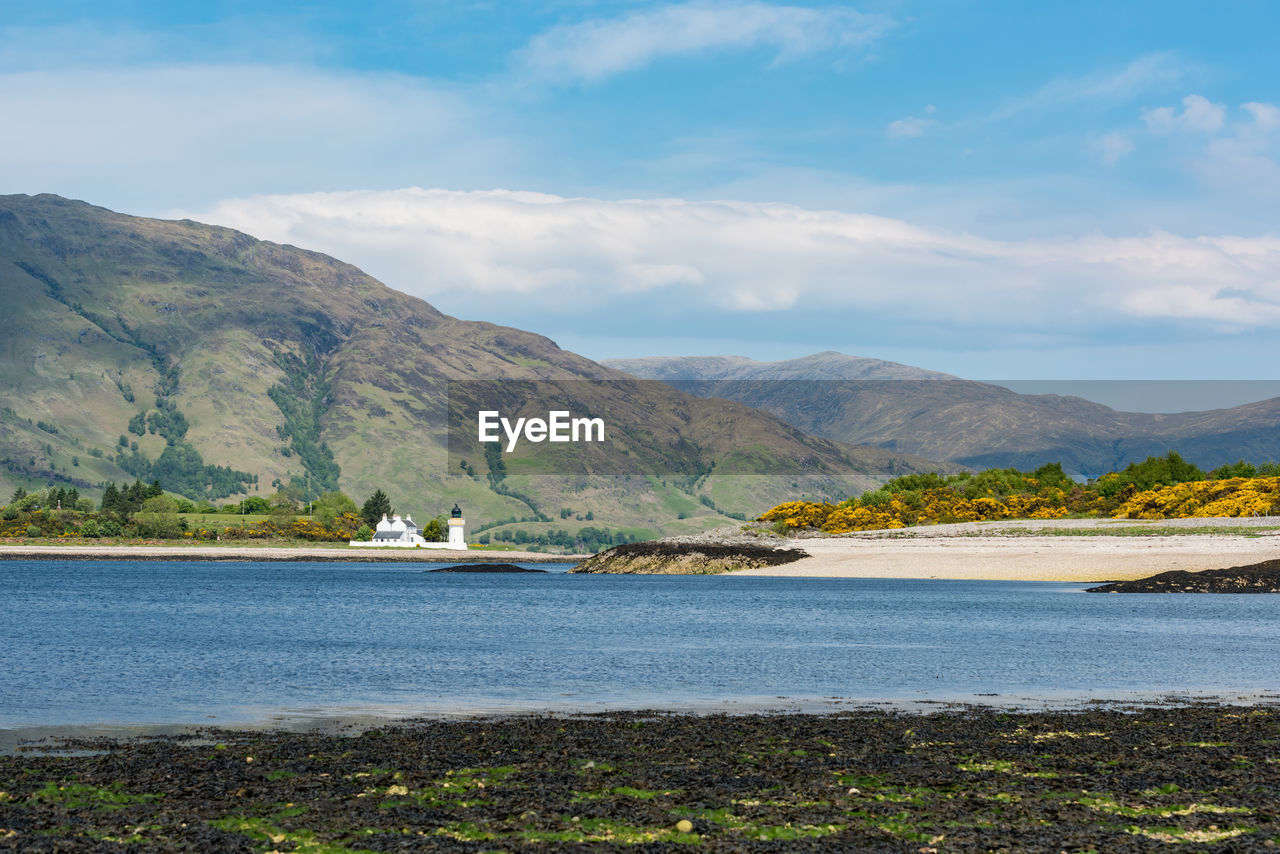 Corran point lighthouse at the shore of loch linnhe, scotland, uk, europe