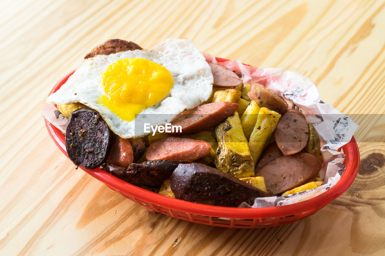 HIGH ANGLE VIEW OF BREAKFAST SERVED IN PLATE