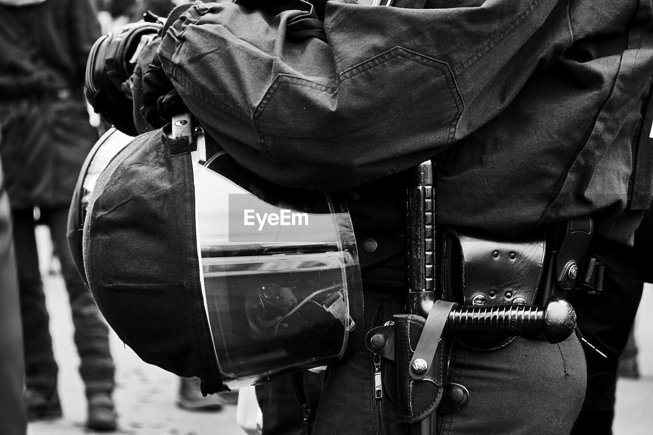 Close up of police uniform with helmet