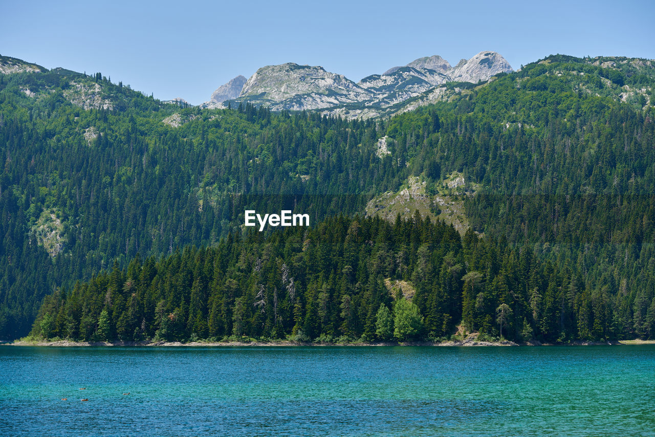 scenic view of sea and mountains against clear sky