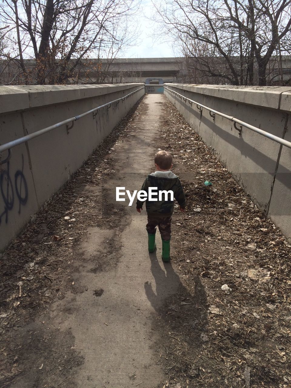 Rear view of boy walking on footpath