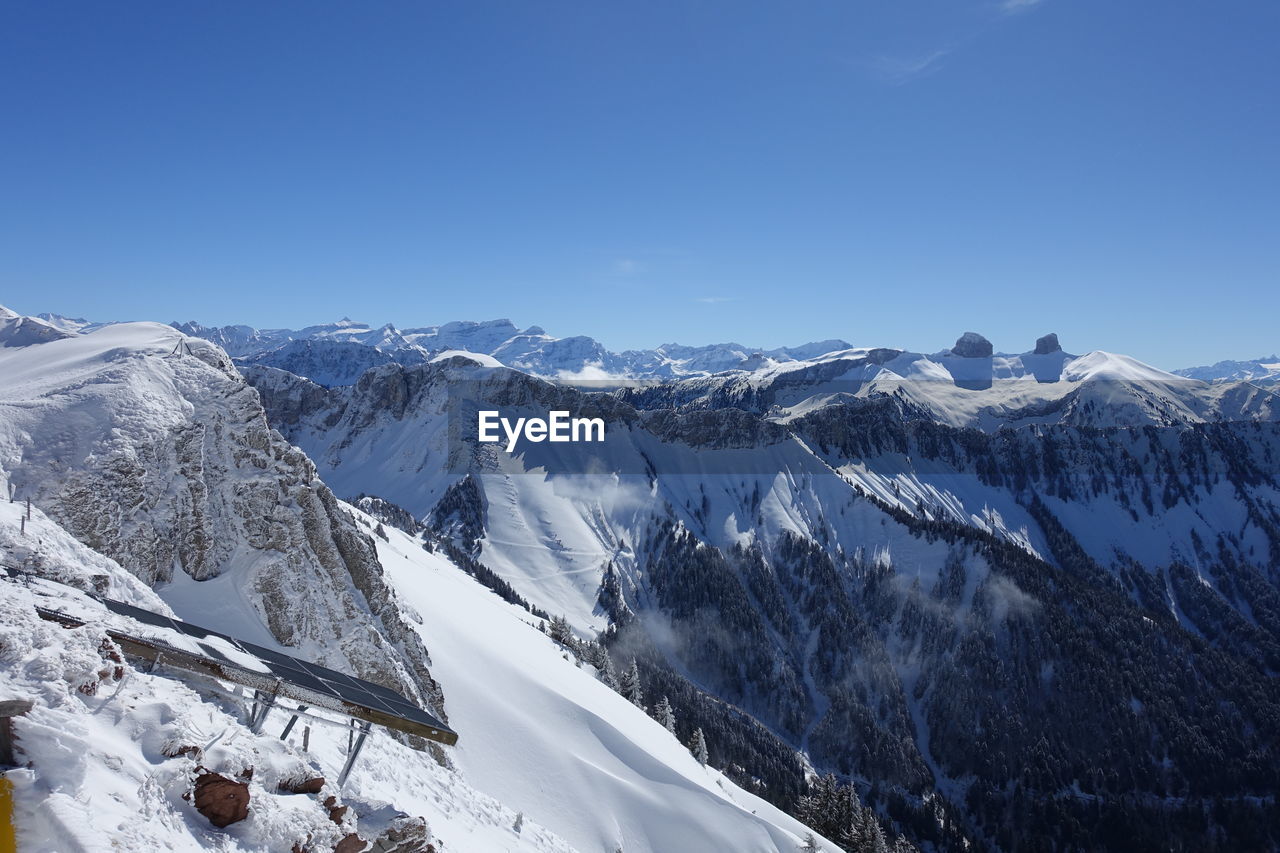 Scenic view of snowcapped mountains against clear blue sky