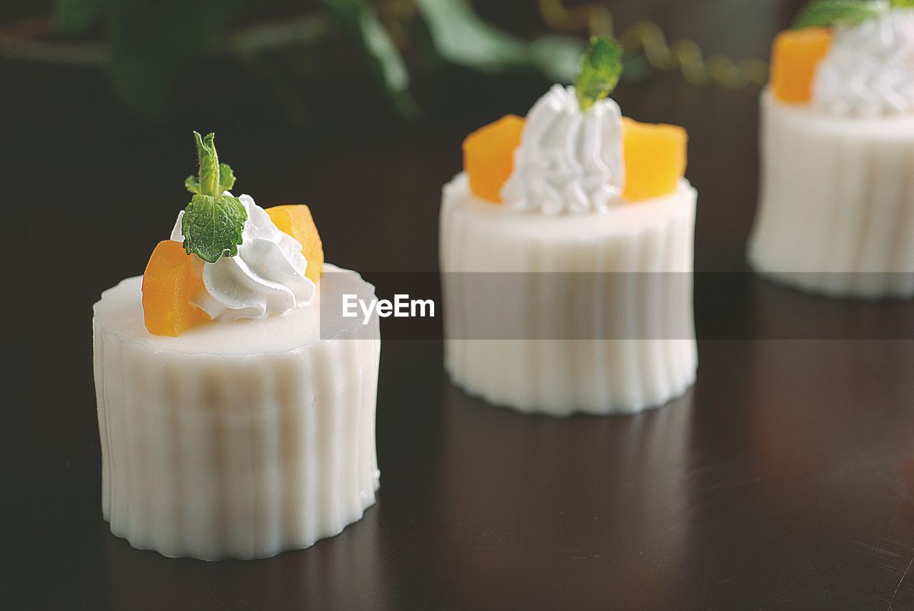 Close-up of desserts on table