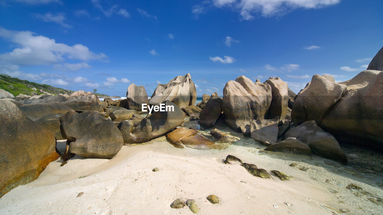 PANORAMIC VIEW OF ROCKS ON SEA SHORE AGAINST SKY