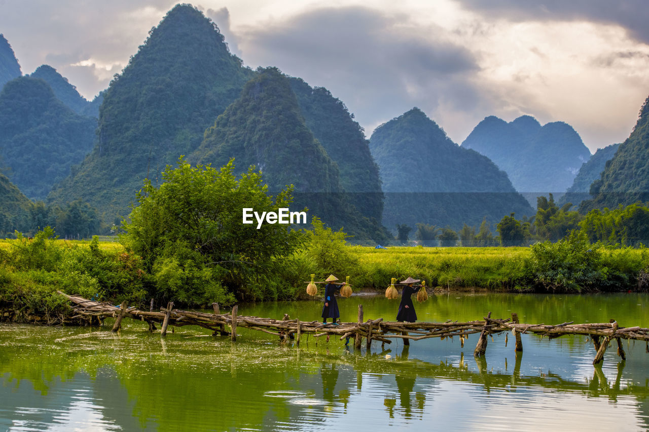 mountain, water, reflection, nature, mountain range, environment, landscape, scenics - nature, wilderness, beauty in nature, lake, tree, plant, sky, activity, land, travel, valley, travel destinations, rural scene, occupation, cloud, forest, animal, adult, men, outdoors, tranquility, animal themes, tourism, leisure activity, tranquil scene, vacation, trip, hiking, holiday, mountain peak, reservoir, mammal, animal wildlife