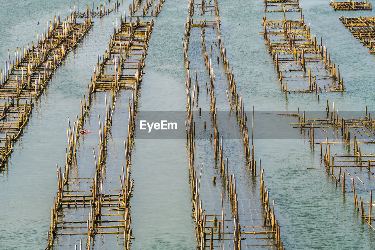 High angle view of wooden structure in lake