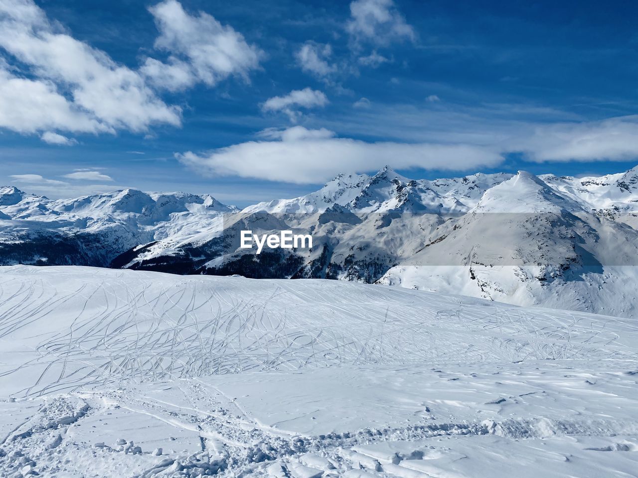 Scenic view of snowcapped mountains against sky