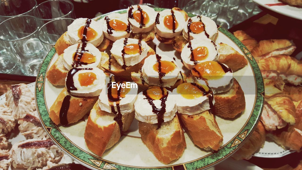 Close-up of prepared egg on bread in plate