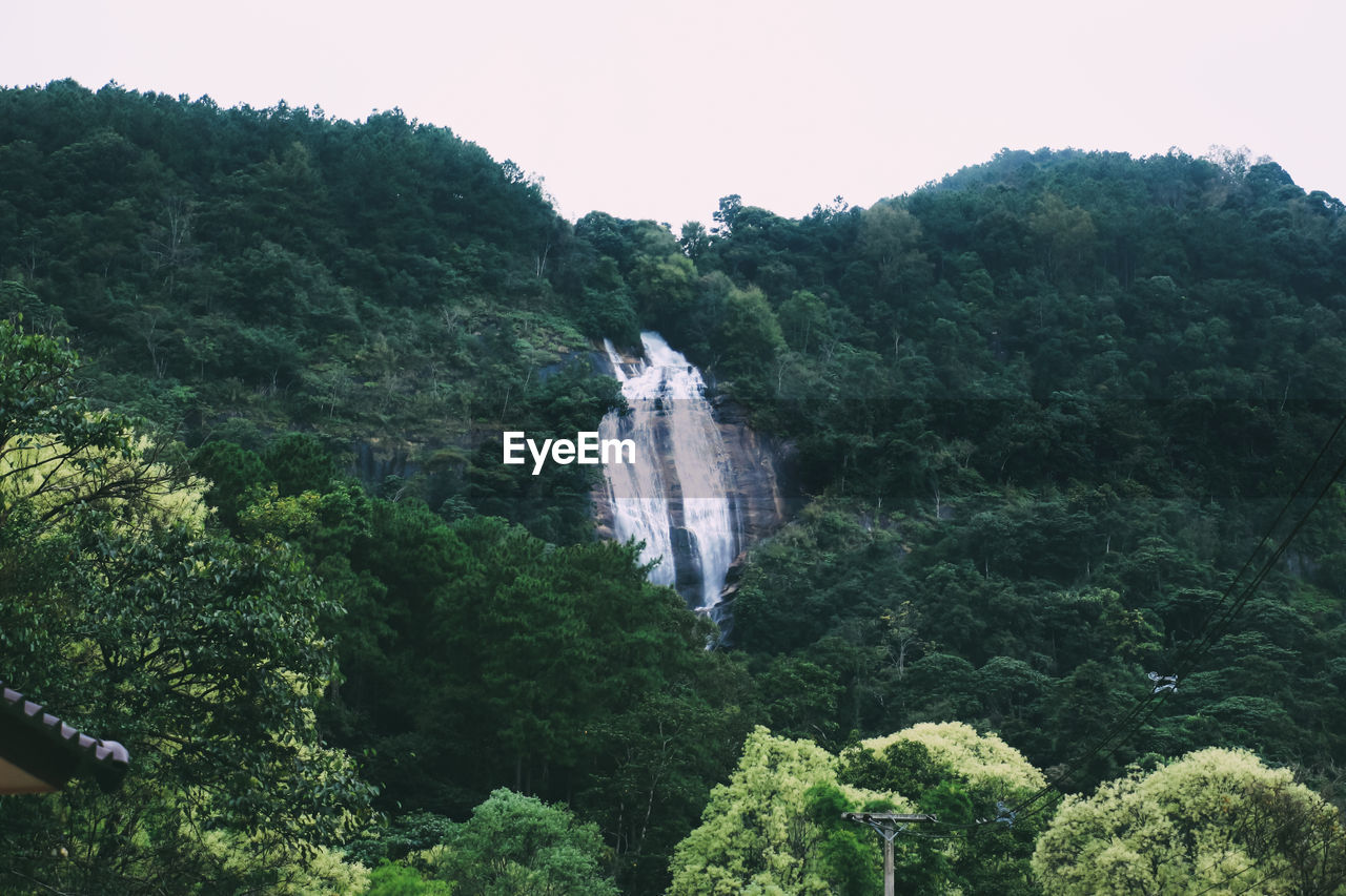 Scenic view of waterfall in forest against sky