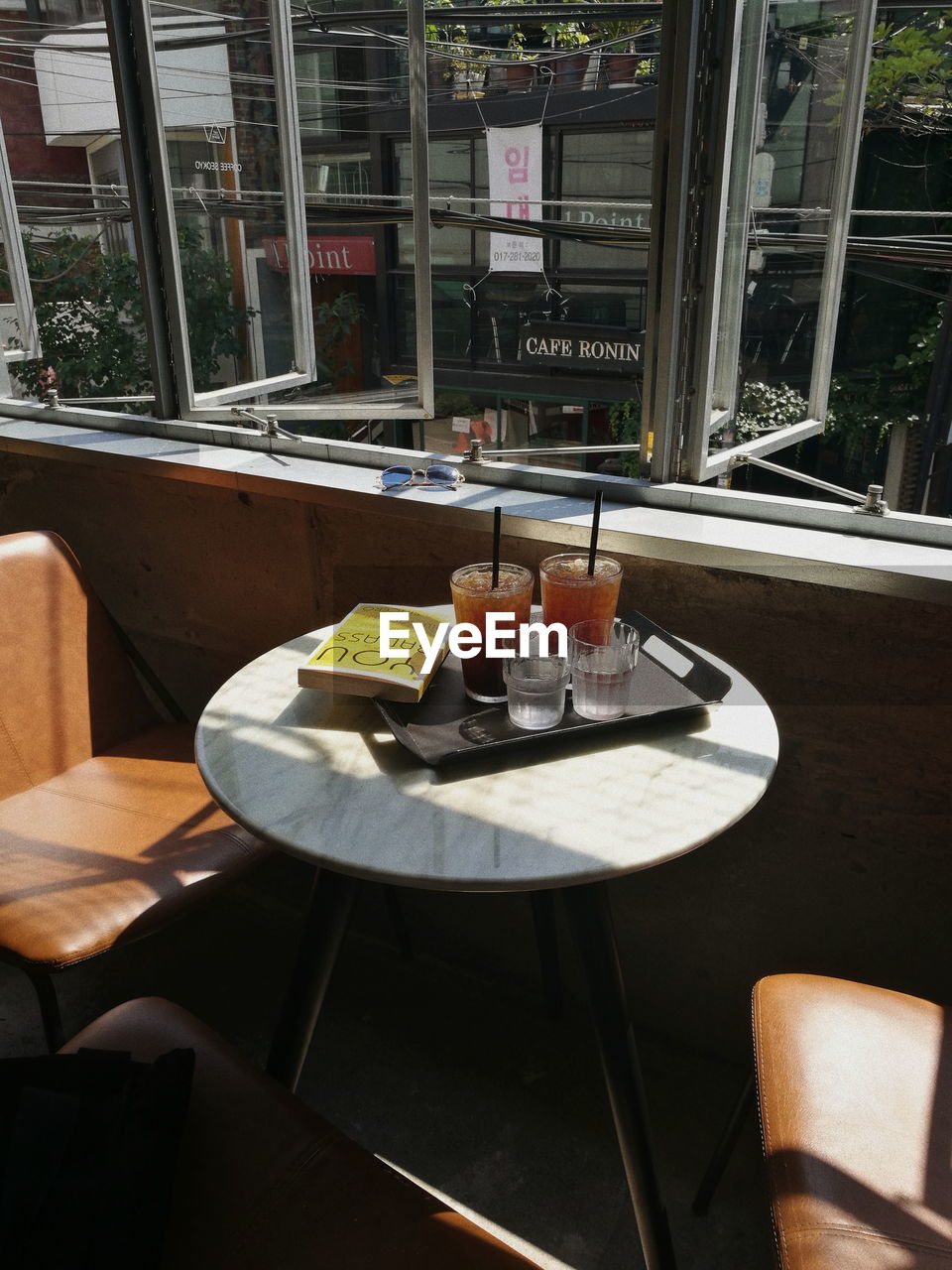 High angle view of ice tea on restaurant table