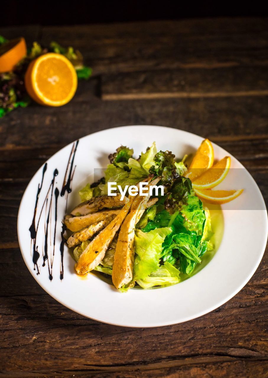 High angle view of food in plate on table