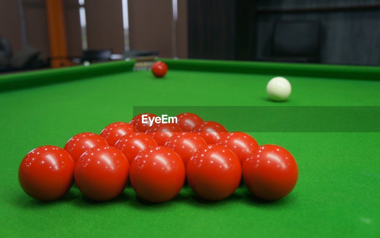 High angle view of snooker balls on table