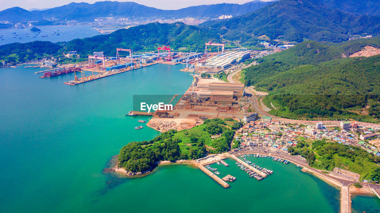 High angle view of sea and mountains