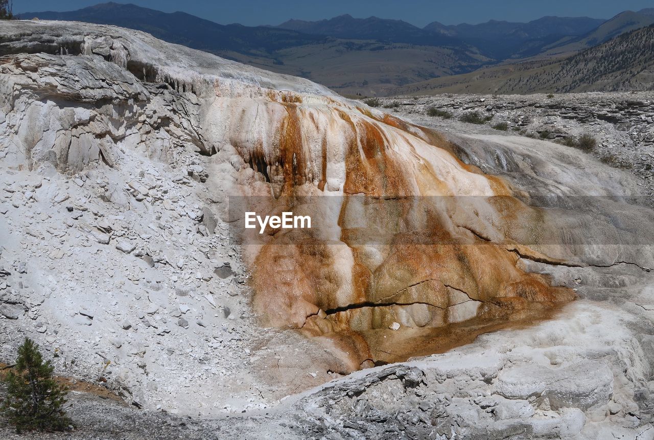 Landscape of multi colored rock formations at mammoth hot springs in yellowstone national park