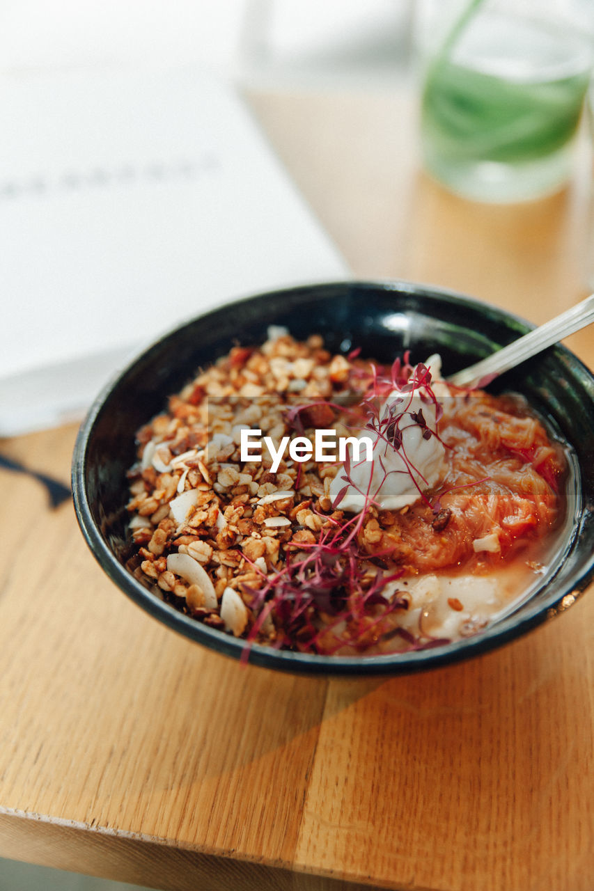 Close-up of breakfast served on table